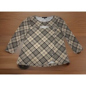 Adrienne Vittadini Tan Black Plaid Keyhole Blouse Top Size‎ L Rhinestone Accents